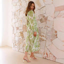 Chiffon Printed Long Sleeve Long V neck Tulle Floral Long Sleeve Dress -