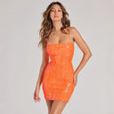 Dress Spring Summer Sexy Sequin Sling Orange Sheath Short Evening Dress Women Clothing -