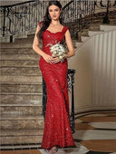 Middle East Solid Color U Collar Sequined Strap High Waist Evening Dress Fishtail Dress Maxi Dress -