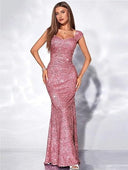 Middle East Solid Color U Collar Sequined Strap High Waist Evening Dress Fishtail Dress Maxi Dress -