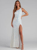 Sequined Sleeveless Slit Shoulder Belt Tight Party Dress -