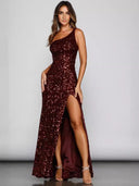 Sequined Sleeveless Slit Shoulder Belt Tight Party Dress -
