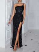 Sequined Sleeveless Slit Shoulder Belt Tight Party Dress -