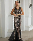 Short Sleeve Dress Women Sleeveless Sequined Mesh Fishtail Evening Dress -