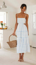 Summer Women Strap Cropped Outfit Lace up Striped Long Stitching Dress -
