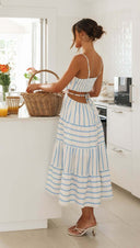 Summer Women Strap Cropped Outfit Lace up Striped Long Stitching Dress -