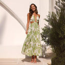 Summer Women V neck Backless Lace Printing Swing Maxi Dress -