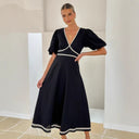 V neck Solid Color Stitching Lace Puff Sleeve Waist Tight Maxi Dress -