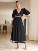 V neck Solid Color Stitching Lace Puff Sleeve Waist Tight Maxi Dress -