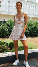 V neck Women Printed Wear Short Hollow Out Cutout Backless Dress -