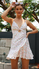 V neck Women Printed Wear Short Hollow Out Cutout Backless Dress -