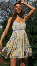 Women Cami Dress Printed Lace up Large Swing Dress -