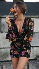 Women Clothes Sexy V - neck Lantern Sleeve Printed Pleated Dress -