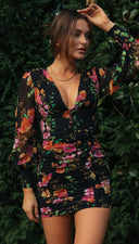 Women Clothes Sexy V - neck Lantern Sleeve Printed Pleated Dress -