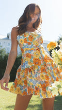 Women Clothing New Printed Suspender Belt Tiered Short Dress -