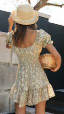 Women Clothing Printed Waist Smocking Slimming Ruffled Dress -