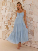 Women Clothing Sleeveless Splicing Sling Long Backless Lace up Large Swing Dress -