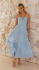 Women Clothing Sleeveless Splicing Sling Long Backless Lace up Large Swing Dress -