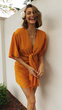 Women Clothing Solid Color Chest Tie up Short Irregular Asymmetric Hem Dress -