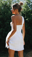 Women Clothing Solid Color Shoulder Belt Irregular Asymmetric Hem Dress -