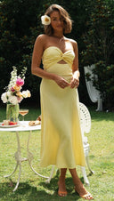 Women Clothing Solid Color Tube Top Back Smocking Tight Waist Maxi Dress -