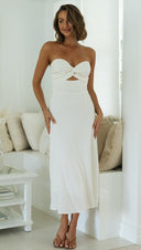 Women Clothing Solid Color Tube Top Back Smocking Tight Waist Maxi Dress -