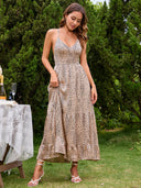 Women Clothing V - neck Backless Self - Tie Dress Large Swing Dress -