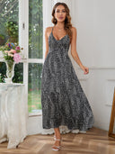 Women Clothing V - neck Backless Self - Tie Dress Large Swing Dress -
