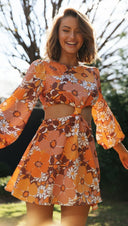 Women Printed Cropped Outfit Backless Lantern Sleeve Dress -