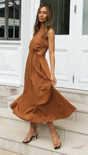 Women Solid Color Sleeveless round Neck Sexy Backless Maxi Dress Large Swing Dress -