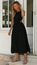 Women Solid Color Sleeveless round Neck Sexy Backless Maxi Dress Large Swing Dress -