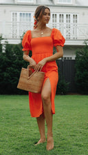 Women Split Maxi Dress Casual Puff Sleeve Dress -