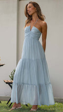 Women V neck Brace Long Stitching Dress Elegant Shoulder Baring Sleeveless -