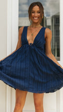Women V - neck Front Rear Drawstring Large Swing Irregular Asymmetric Dress -