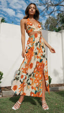 Women V neck Halter Backless High Split Hemline at Hem Maxi Dress -