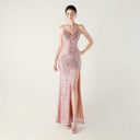Bead Tube Sequin Spaghetti Strap High Slit Evening Dress Cross Tied Slim Fit Slimming Dinner Social Women - 
