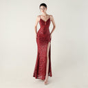 Bead Tube Sequin Spaghetti Strap High Slit Evening Dress Cross Tied Slim Fit Slimming Dinner Social Women - 