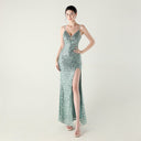 Bead Tube Sequin Spaghetti Strap High Slit Evening Dress Cross Tied Slim Fit Slimming Dinner Social Women - 