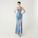 Bead Tube Sequin Spaghetti Strap High Slit Evening Dress Cross Tied Slim Fit Slimming Dinner Social Women - 