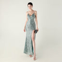 Bead Tube Sequin Spaghetti Strap High Slit Evening Dress Cross Tied Slim Fit Slimming Dinner Social Women - 