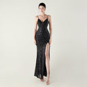 Bead Tube Sequin Spaghetti Strap High Slit Evening Dress Cross Tied Slim Fit Slimming Dinner Social Women - 