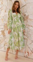 Chiffon Printed Long Sleeve Long V neck Tulle Floral Long Sleeve Dress - 