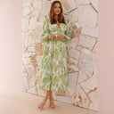 Chiffon Printed Long Sleeve Long V neck Tulle Floral Long Sleeve Dress - 