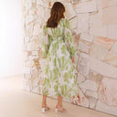 Chiffon Printed Long Sleeve Long V neck Tulle Floral Long Sleeve Dress - 