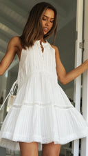 Clothes Holiday Short Dress Lace Patchwork Stand - up Collar Buttons Big Dress - 