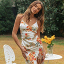 Maxi Women Clothing Printed Strap Backless Lace - up Slit Hemline at Hem Long Maxi Dress - 
