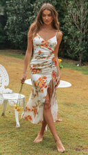 Maxi Women Clothing Printed Strap Backless Lace - up Slit Hemline at Hem Long Maxi Dress - 