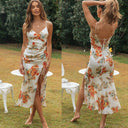 Maxi Women Clothing Printed Strap Backless Lace - up Slit Hemline at Hem Long Maxi Dress - 