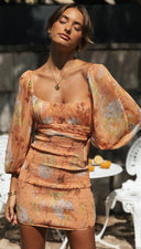 New Printed Lantern Sleeve Backless Lace - up Smocking Sheath Long Sleeve Dress - 