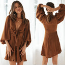 Sexy Solid Color Lantern Sleeve Long Sleeve V neck Lace up Ruffled Large Swing Dress - 
